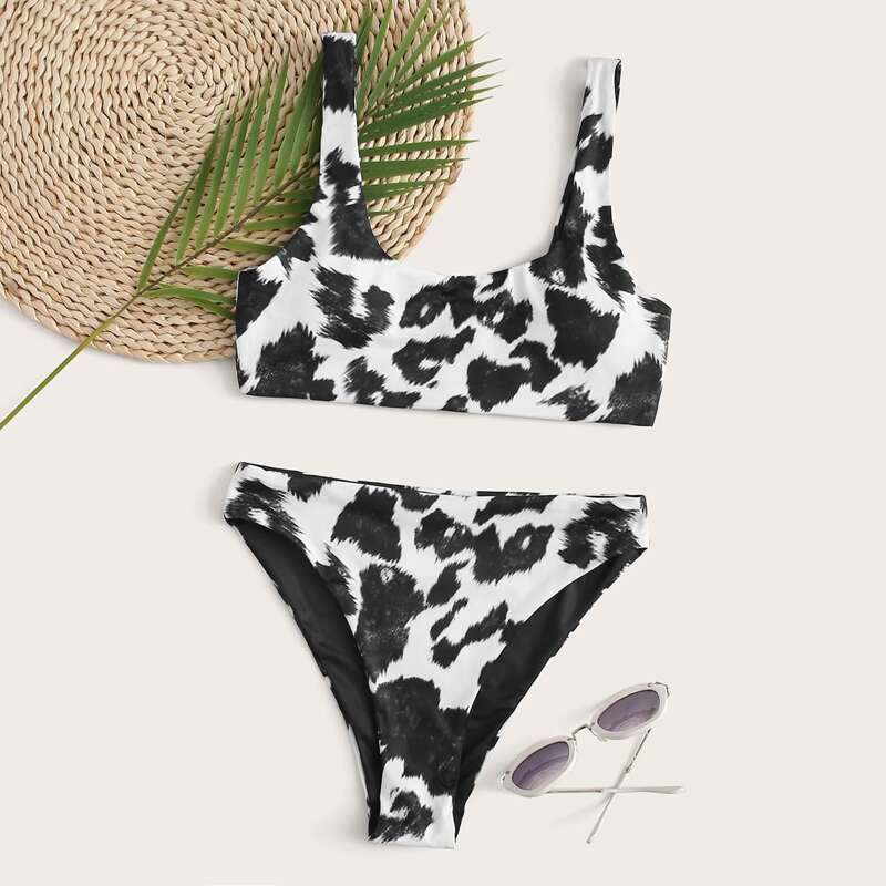 

Leopard High Waisted Bikini Swimsuit, Black and white