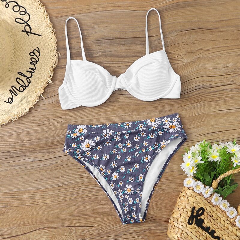 

Floral Rib Underwire High Waisted Bikini Swimsuit, Multicolor