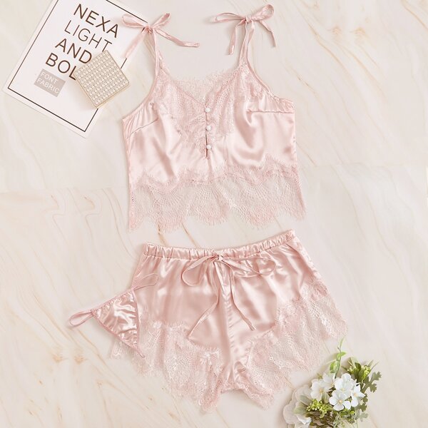 

3pack Contrast Lace Satin Lingerie Set With Shorts, Pink