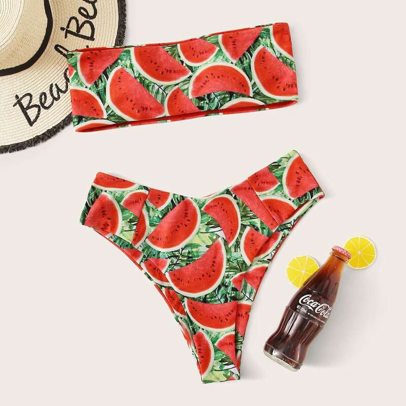 

Watermelon Print Bandeau High Waisted Bikini Swimsuit, Multicolor