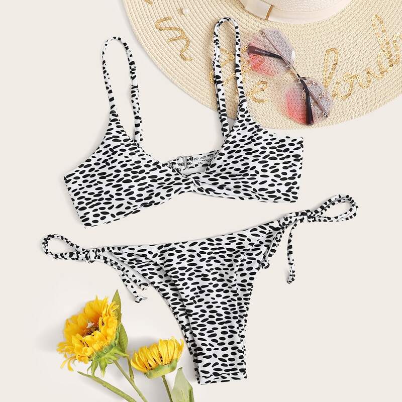 

Dalmatian Twist Tie Side Bikini Swimsuit, Black and white