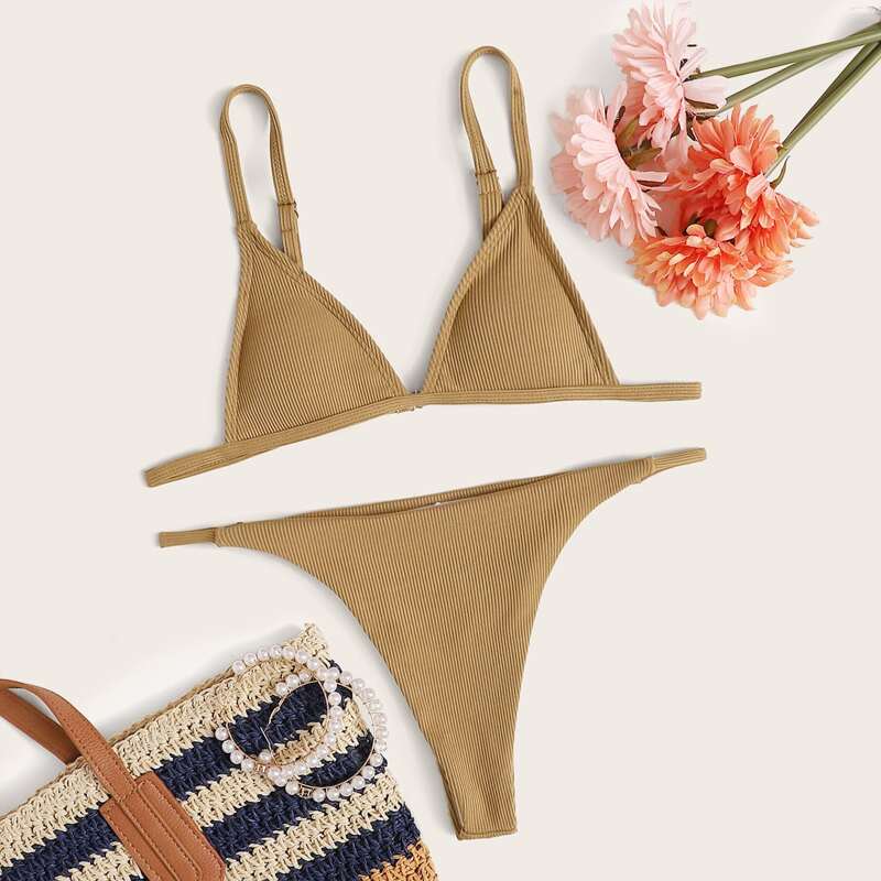

Rib Triangle Tanga Bikini Swimsuit, Khaki