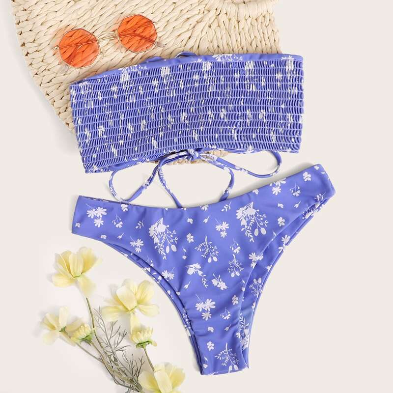 

Floral Smocked Bandeau Bikini Swimsuit, Blue