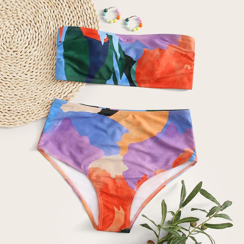 

Graffiti Print Bandeau High Waisted Bikini Swimsuit, Multicolor