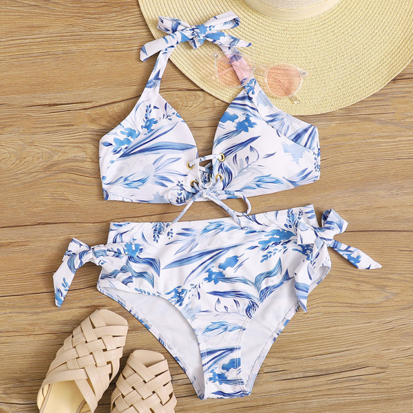 

Plant Print Lace-up Front Tie Side Bikini Swimsuit, Multicolor