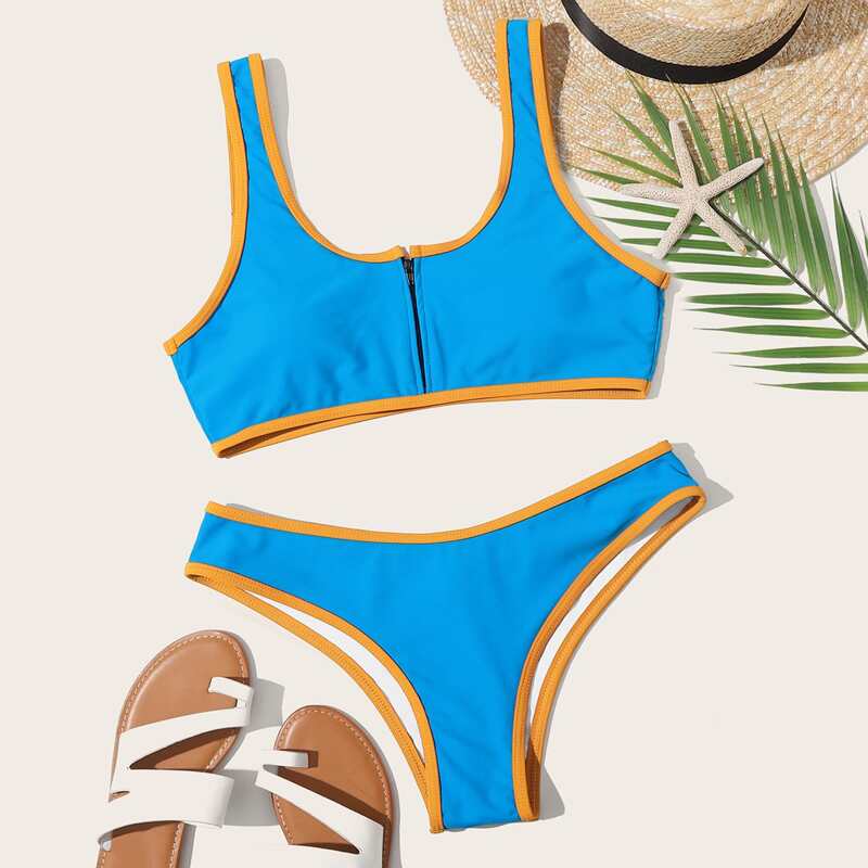 

Contrast Binding Zip Front Bikini Swimsuit, Blue
