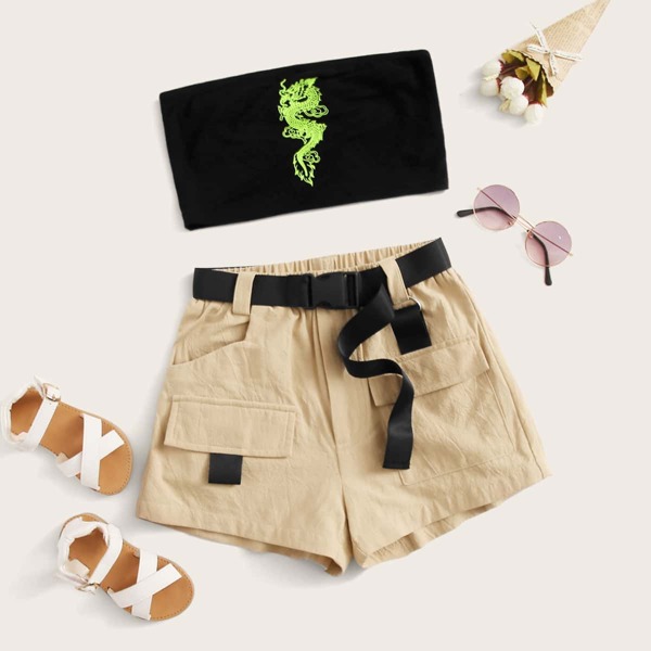 

Girls Dragon Bandeau Top and Push Buckle Belted Shorts Set, Multicolor