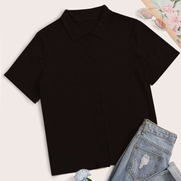 

Plus Button Through Rib-knit Solid Tee, Black