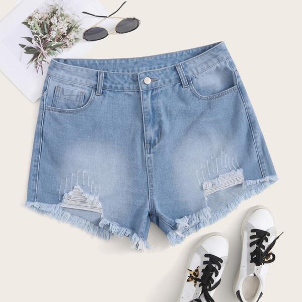 

Plus Ripped Raw Hem Denim Shorts, Blue pastel