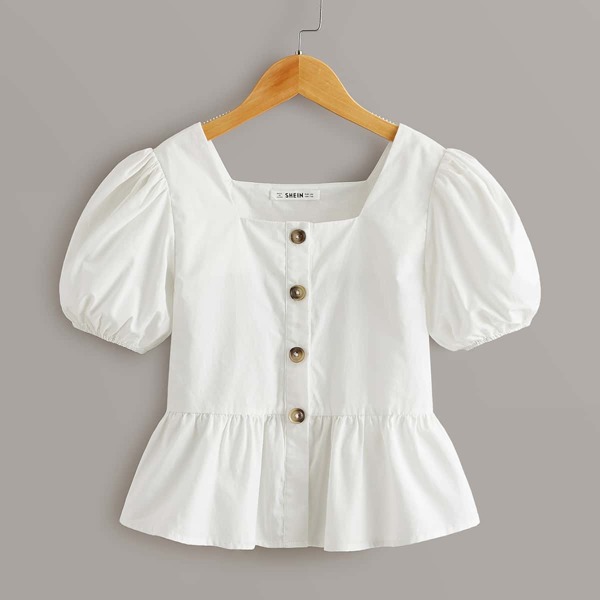 

Girls Button Front Puff Sleeve Peplum Blouse, White