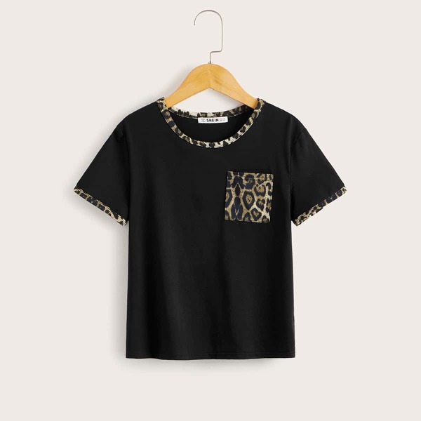 

Girls Contrast Leopard Panel Pocket Patched Tee, Black