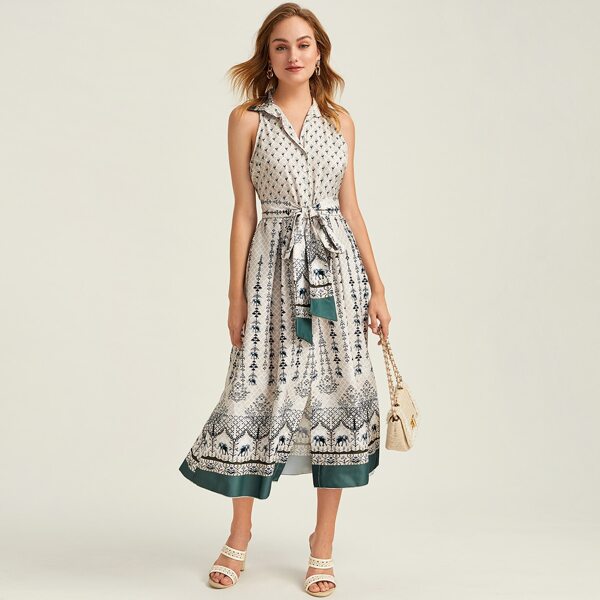 

Tribal Print Self Tie Shirt Dress, Multicolor