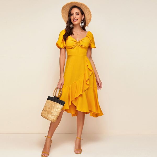 

Puff Sleeve Shirred Back Twist Front Ruffle Wrap Dress, Yellow bright