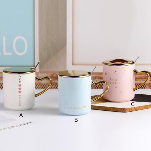 

1pc Ceramic Mug With Lid & 1pc Spoon, Multicolor