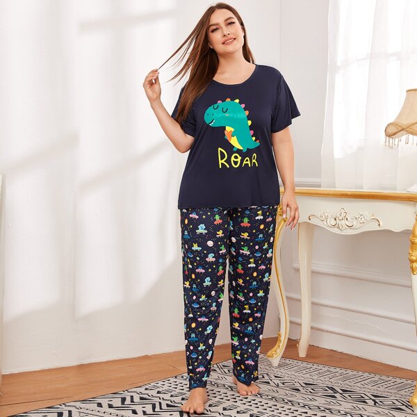 

Plus Cartoon & Letter Graphic PJ Set, Navy blue