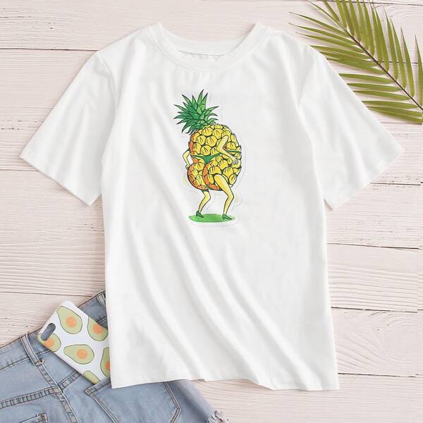 

Cartoon Pineapple Round Neck Tee, White