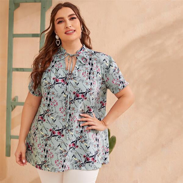 

Plus Floral & Plants Print Tie Front Blouse, Multicolor