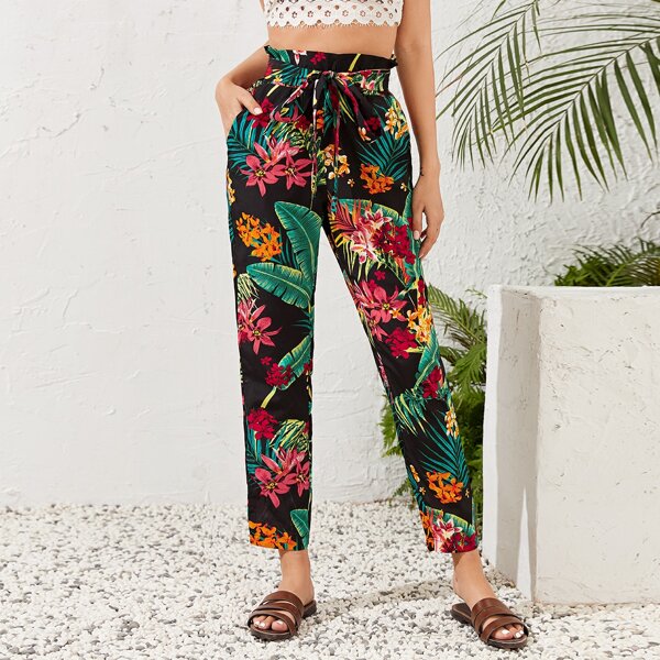 

Paperbag Waist Belted Tropical Print Pants, Multicolor