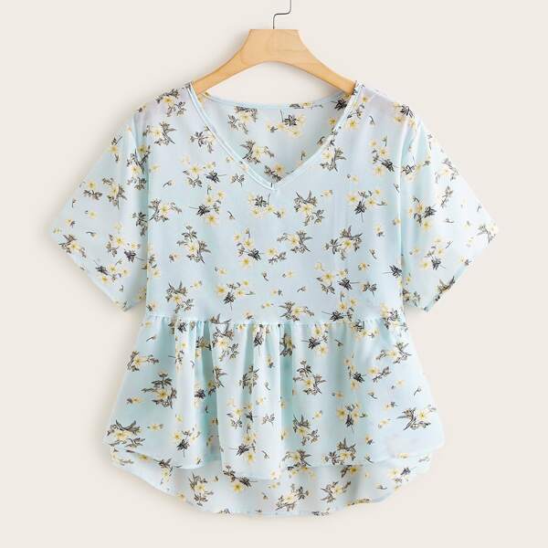 

Plus Floral Print Babydoll Blouse, Blue