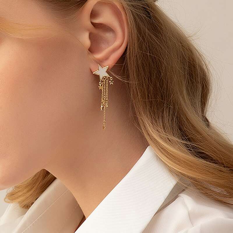 

1pair Moon & Star Tassel Drop Earrings, Gold