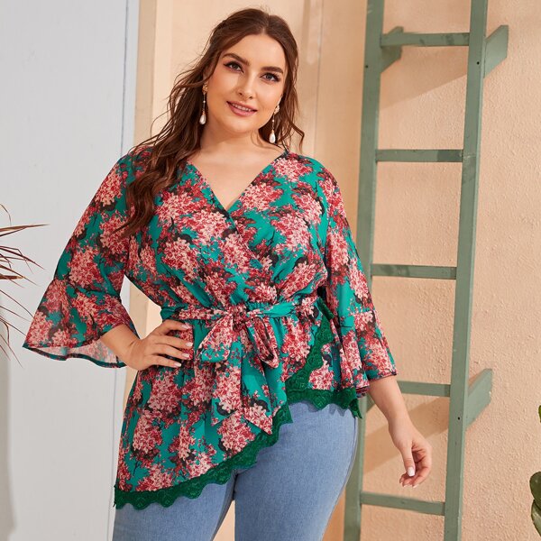 

Plus Allover Floral Contrast Lace Surplice Belted Blouse, Multicolor
