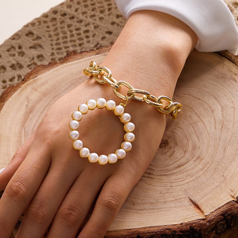

1pc Faux Pearl Ring Chunky Chain Bracelet, Gold