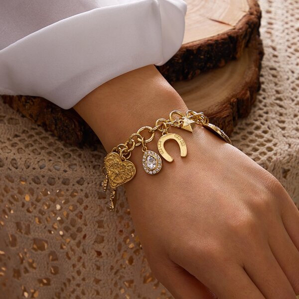 

1pc Cross & Heart Charm Chain Bracelet, Gold