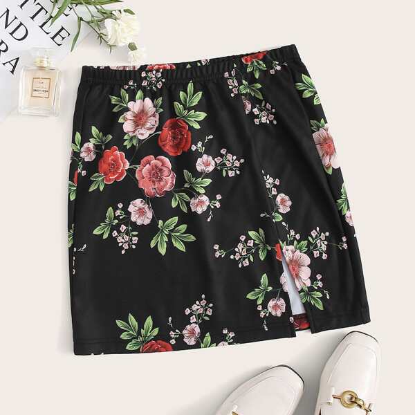 

Floral Print Skirt, Black