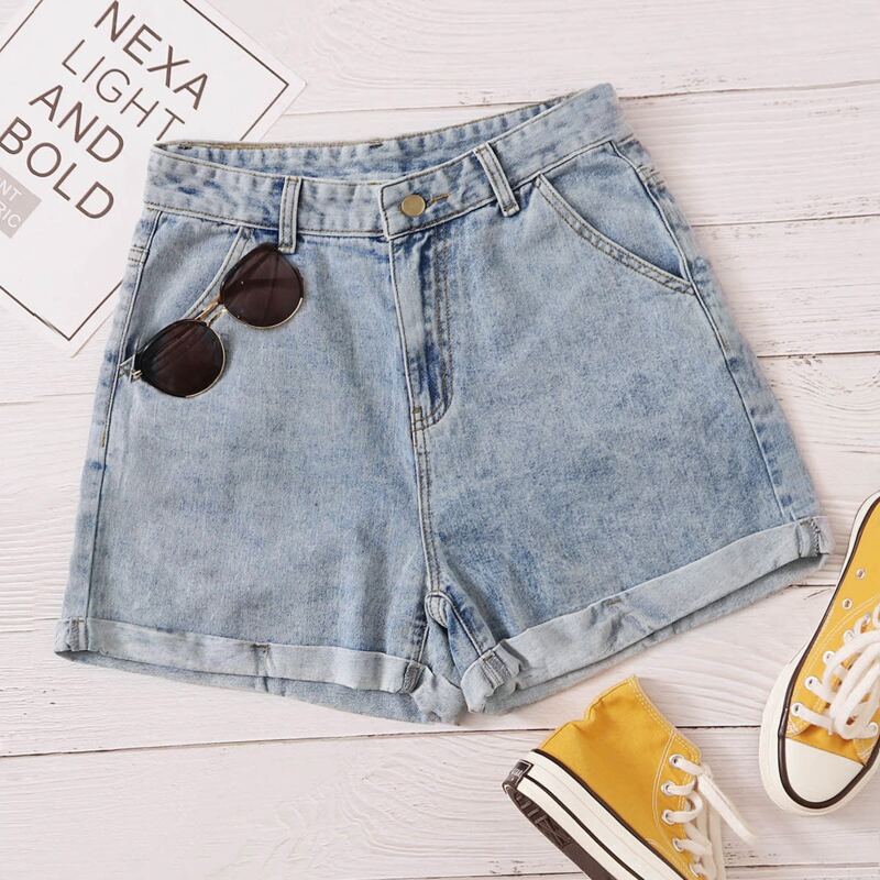 

Rolled Hem Button Fly Denim Shorts, Blue