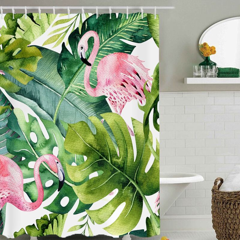 

1pc Flamingo Print Shower Curtain With 12hooks, Multicolor