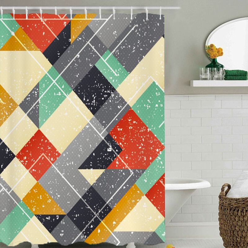 

1pc Geometric Pattern Shower Curtain With 12hooks, Multicolor