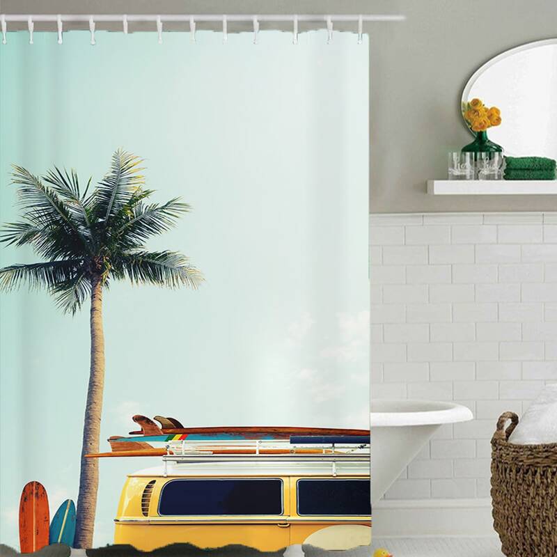 

1pc Coconut Tree Pattern Shower Curtain With 12hooks, Multicolor