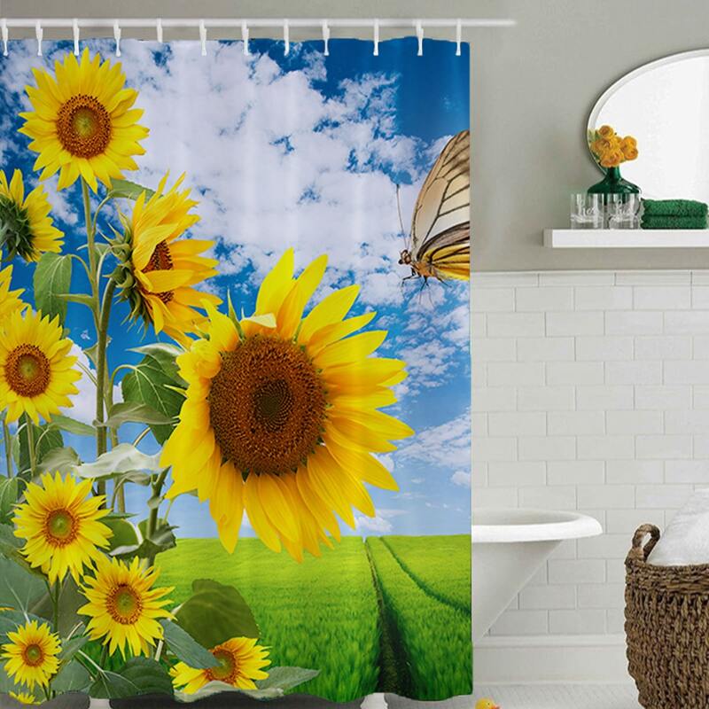 

1pc Sunflower Print Shower Curtain With 12hooks, Multicolor