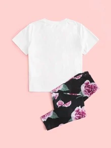 SHEIN Girls Letter and Floral Print Top & Trousers Set - Multicolor - View 2