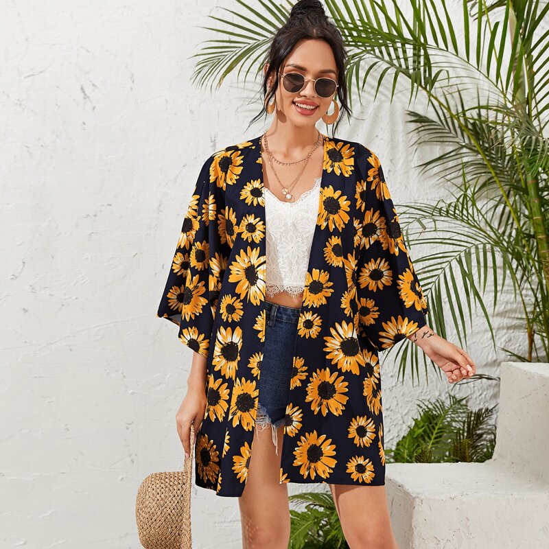 

Drop Shoulder Sunflower Print Kimono, Multicolor