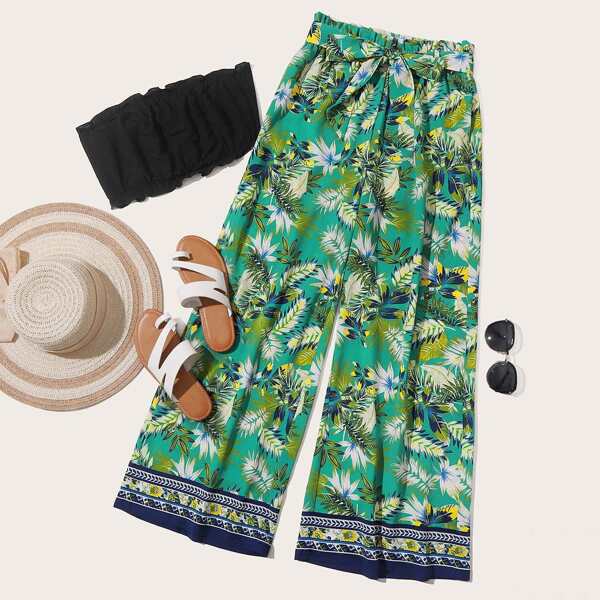 

Frill Trim Bandeau Top & Paperbag Waist Tropical Print Pants Set, Green