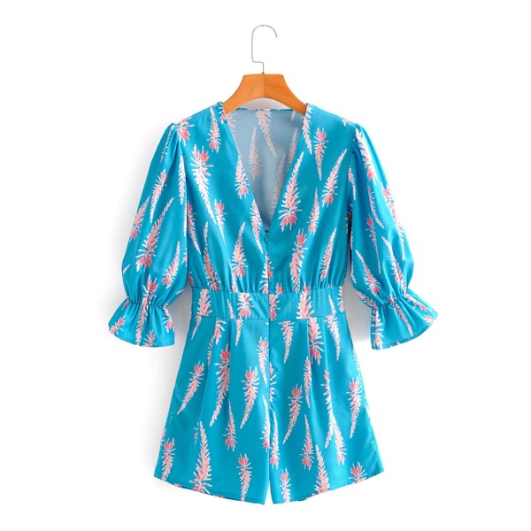 

Plants Print Plunging Neck Zipper Front Romper, Blue