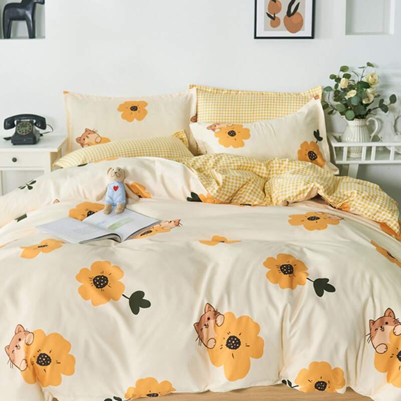 

Flower & Cat Print Bedding Sets Without Filler, Multicolor