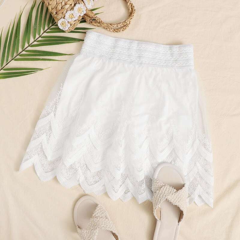 

Embroidered Mesh A-line Skirt, White