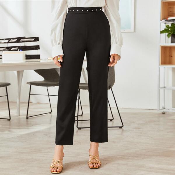 

Solid Beaded Straight Leg Pants, Black