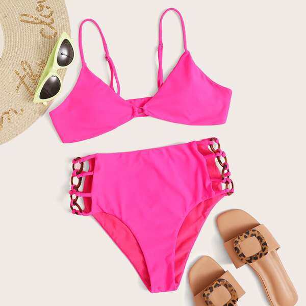 

Cut-out Ring Linked High Waisted Bikini Swimsuit, Pink bright