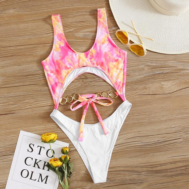 

Tie Dye Cut-out Tie Front One Piece Swimsuit, Multicolor