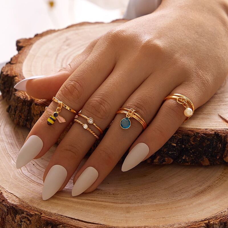 

6pcs Faux Pearl & Bee Decor Ring, Gold