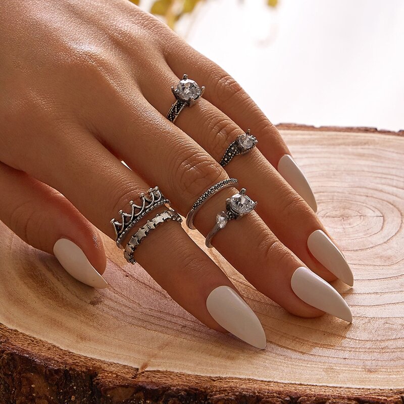 

6pcs Rhinestone Engraved Ring, Silver