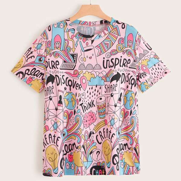 

Plus Cartoon And Letter Graphic Tee, Multicolor