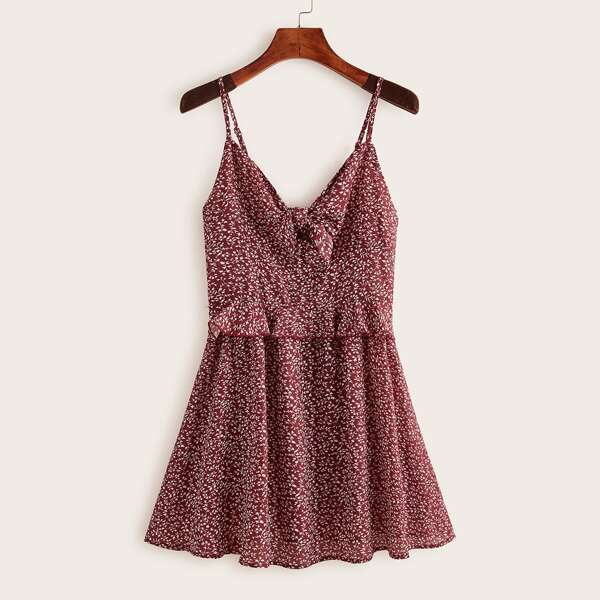 

Knot Front Ruffle Trim Ditsy Floral Slip Dress, Burgundy
