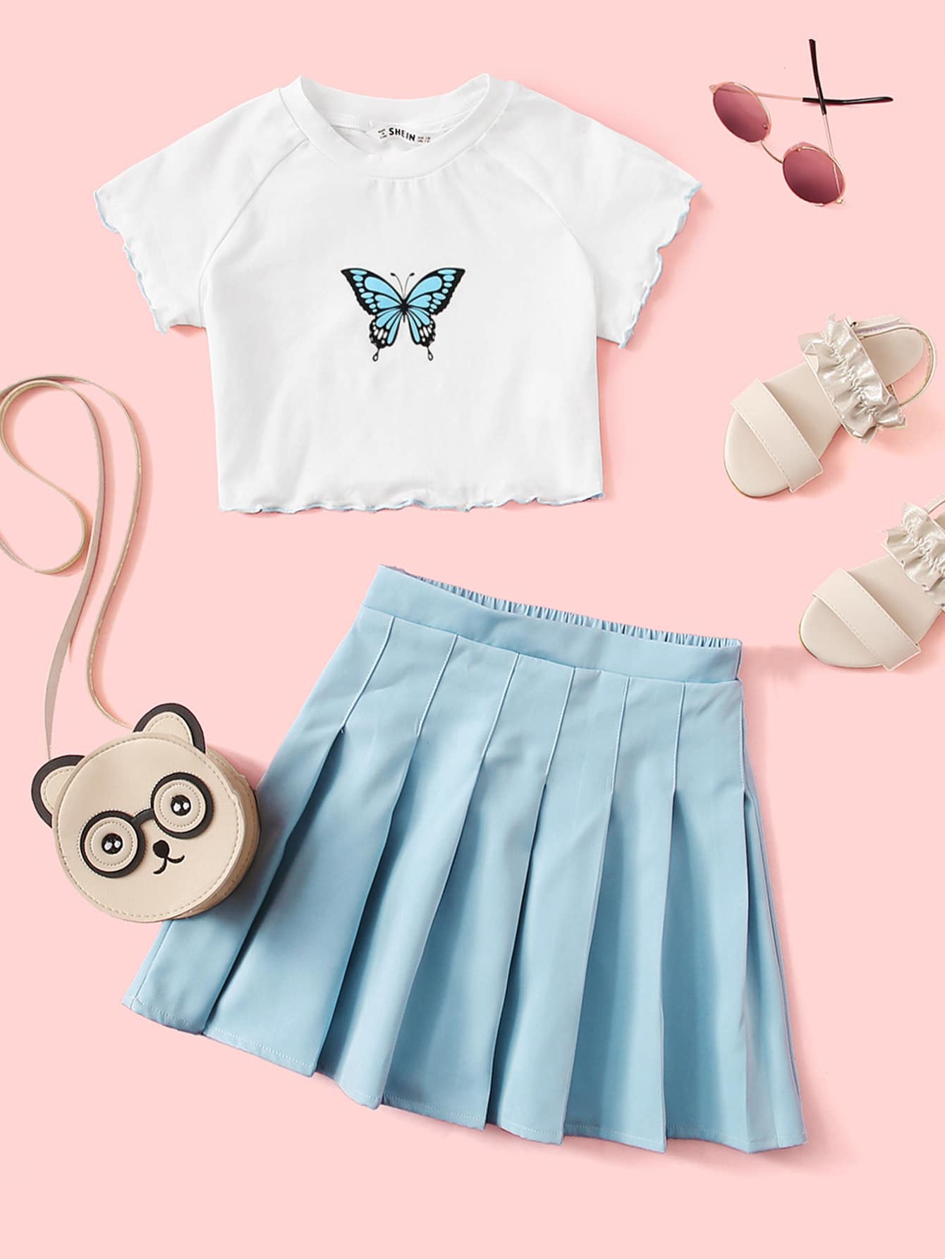 Girls Butterfly Print Lettuce Edge Tee and Boxy Pleated Skirt Set