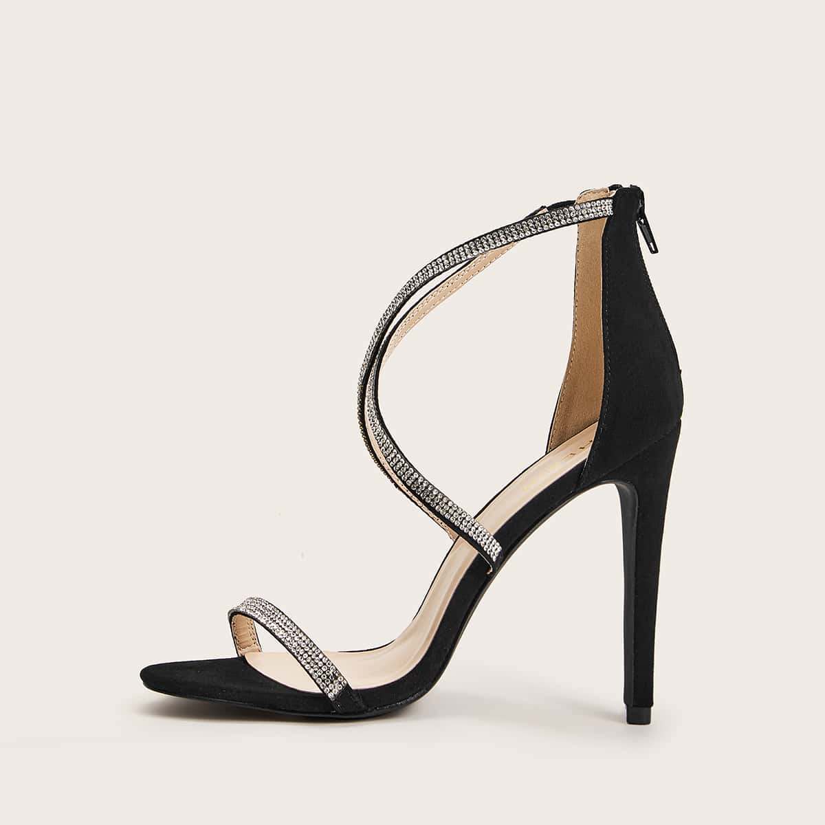 

Rhinestone Cross Strap Stiletto Heels, Black