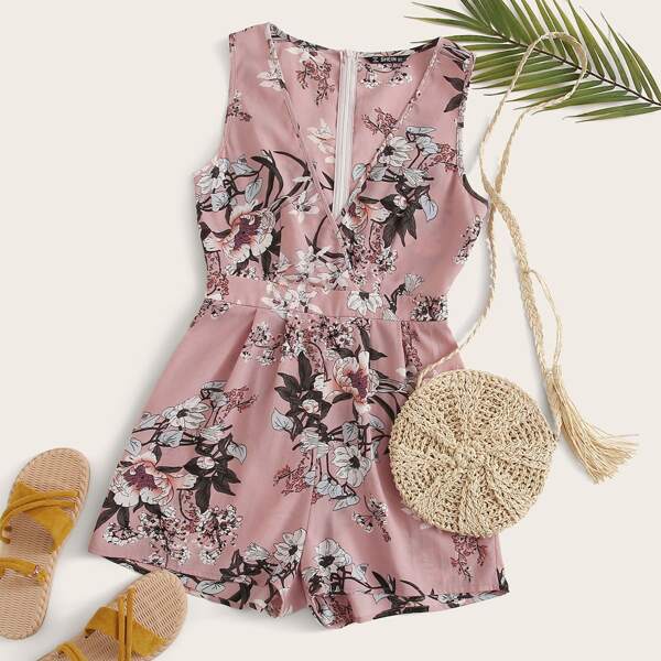 

Surplice Neck Floral Print Sleeveless Romper, Pink