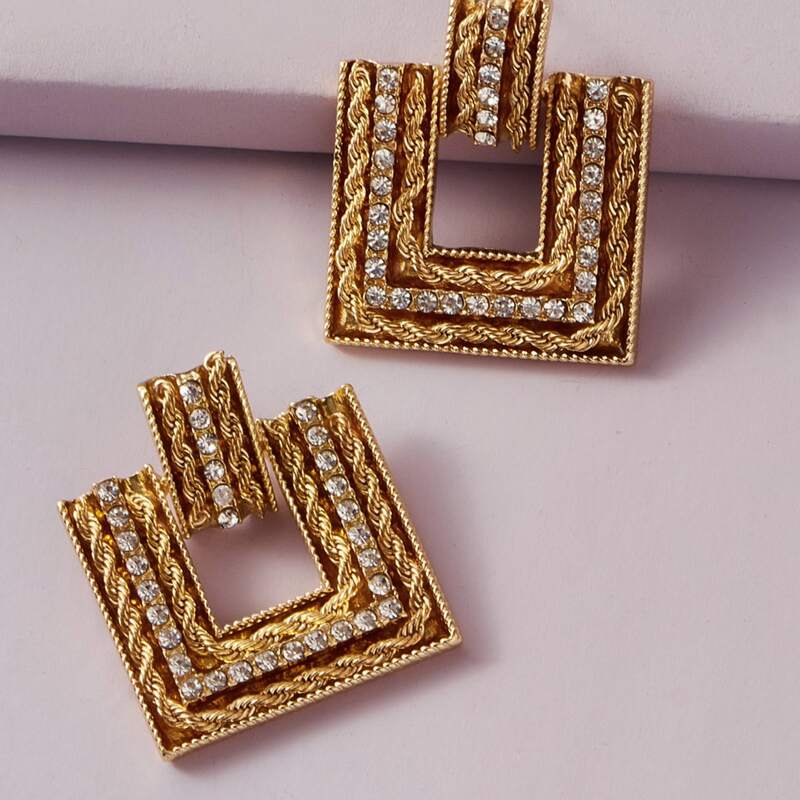 

1pair Rhinestone Engraved Geometric Drop Earrings, Gold